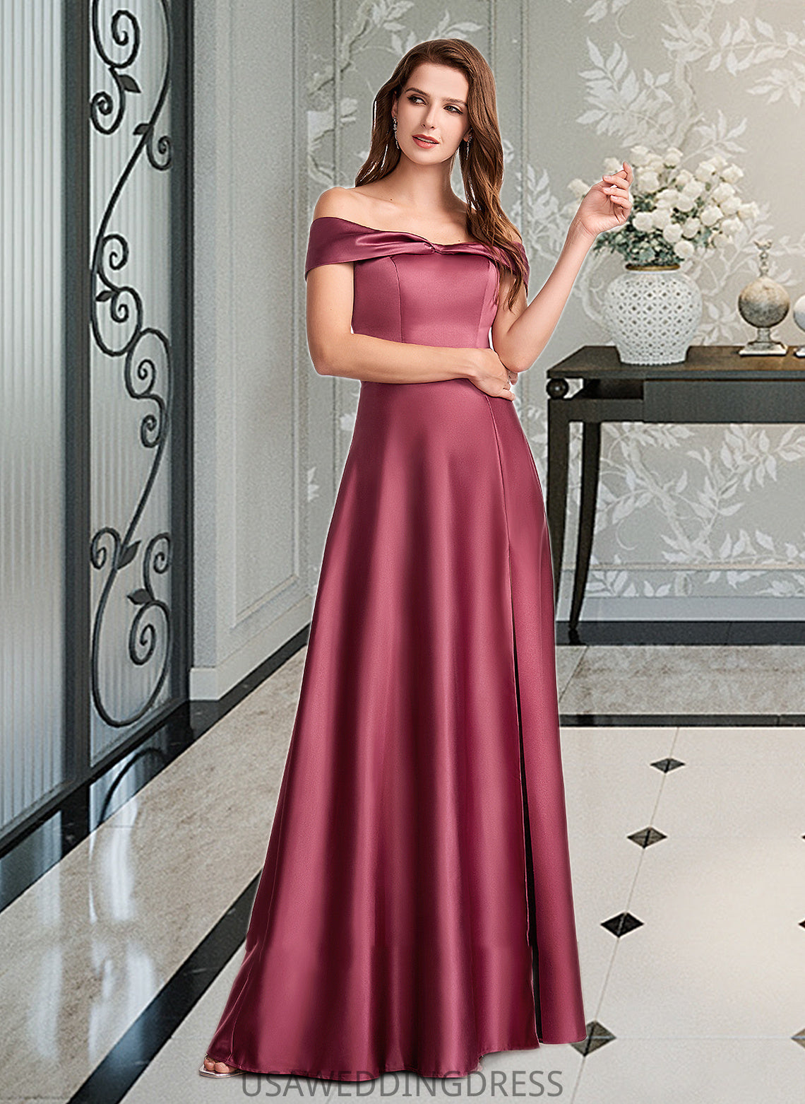 Chaya A-Line Off-the-Shoulder Floor-Length Bridesmaid Dress With Split Front DSP0012845