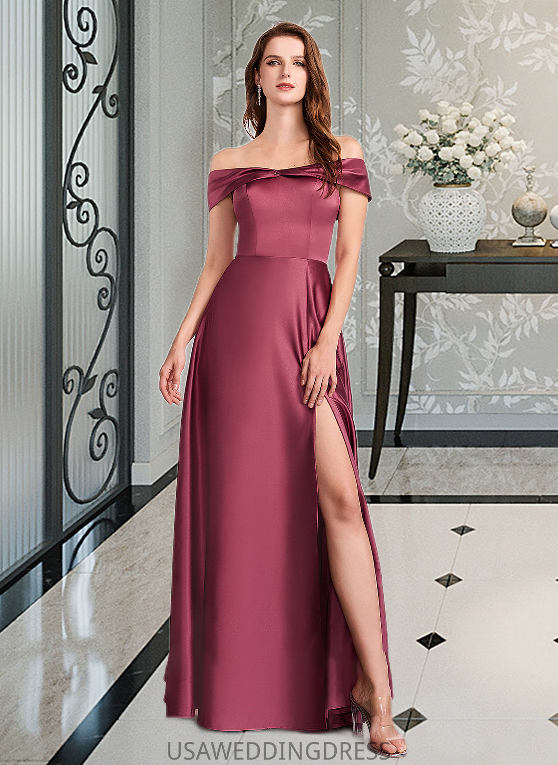 Chaya A-Line Off-the-Shoulder Floor-Length Bridesmaid Dress With Split Front DSP0012845