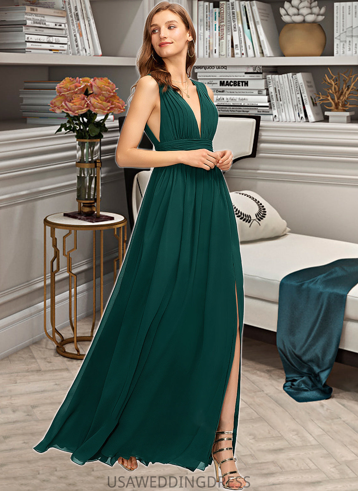 Scarlett A-Line V-neck Floor-Length Chiffon Bridesmaid Dress With Split Front DSP0012847