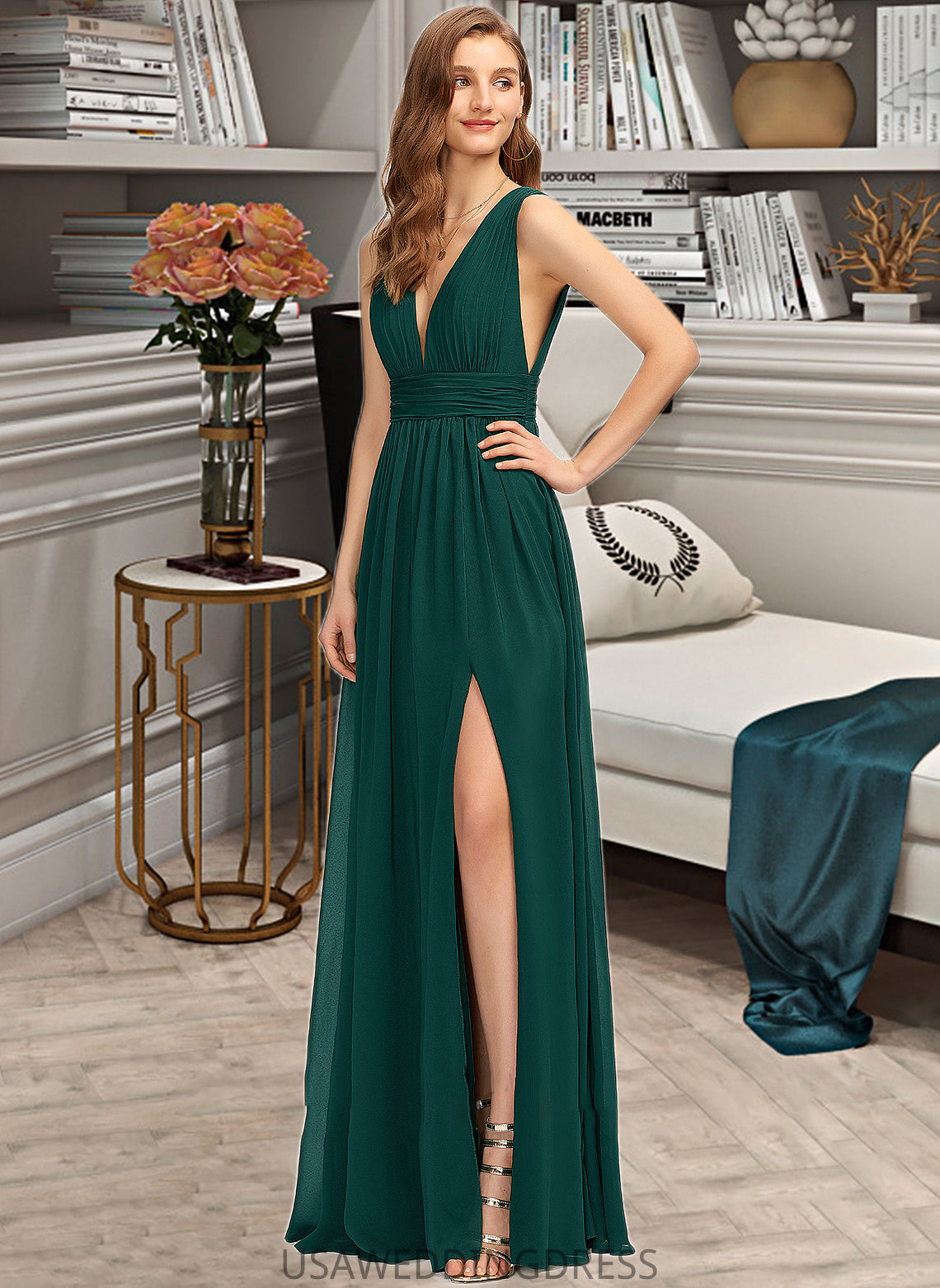 Scarlett A-Line V-neck Floor-Length Chiffon Bridesmaid Dress With Split Front DSP0012847