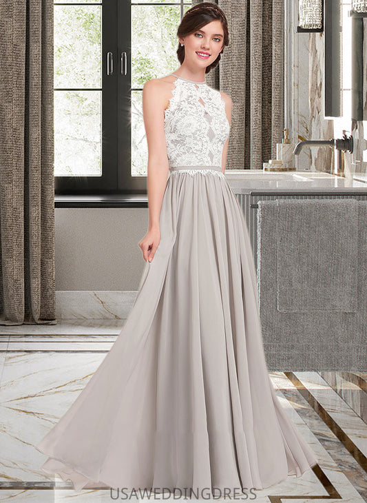 Cailyn A-Line Scoop Neck Floor-Length Chiffon Lace Bridesmaid Dress DSP0012848