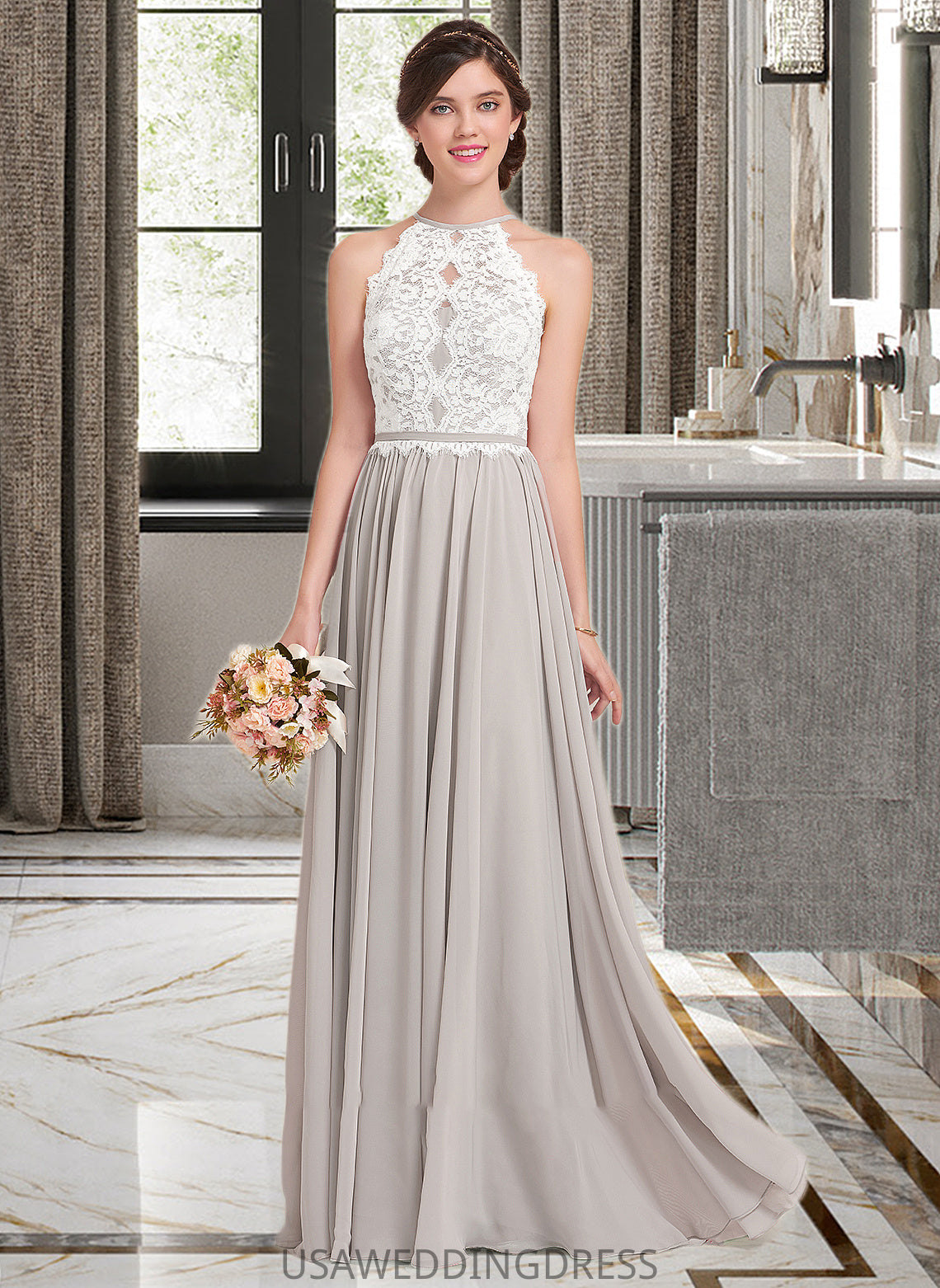 Cailyn A-Line Scoop Neck Floor-Length Chiffon Lace Bridesmaid Dress DSP0012848