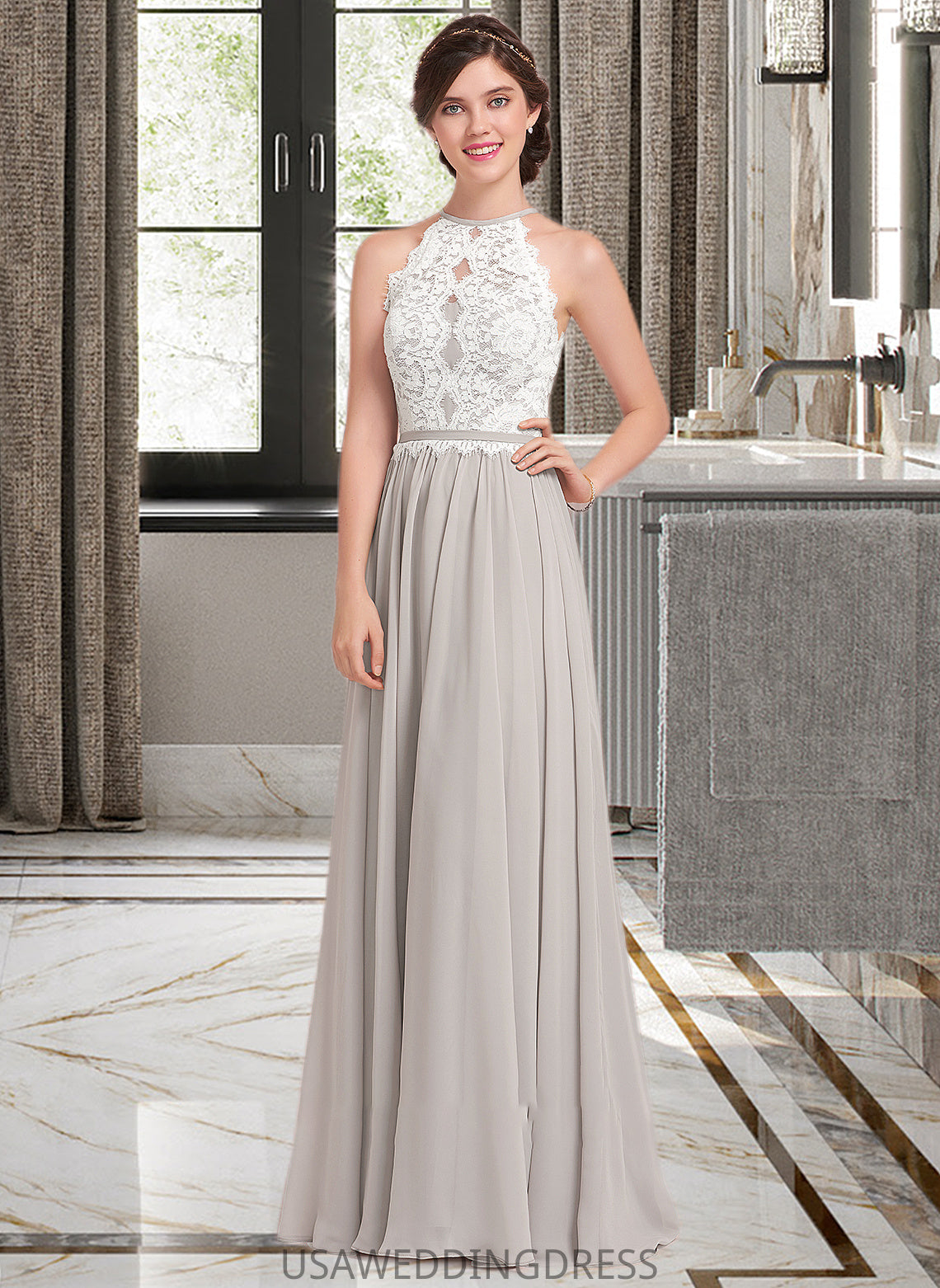 Cailyn A-Line Scoop Neck Floor-Length Chiffon Lace Bridesmaid Dress DSP0012848