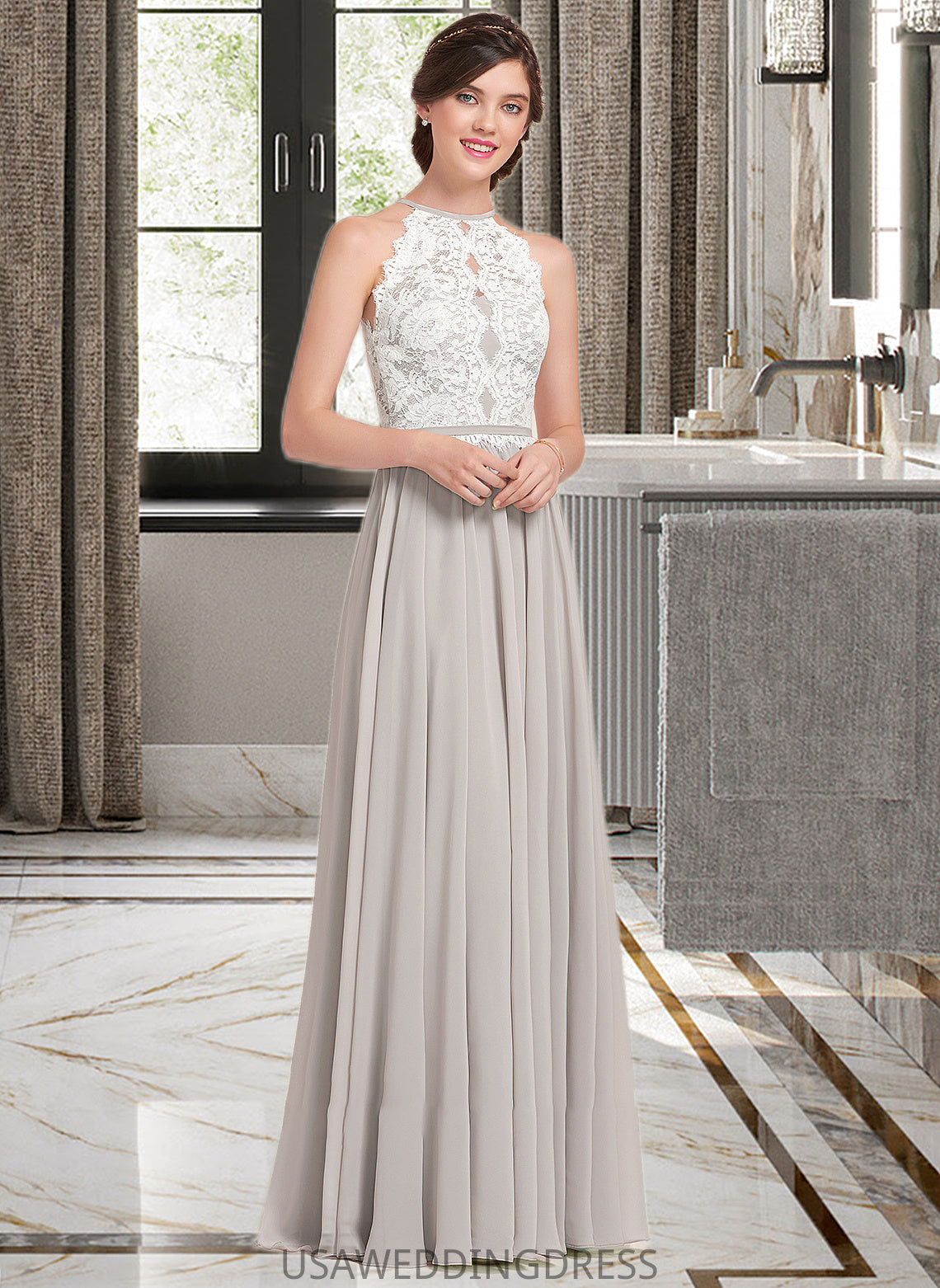 Cailyn A-Line Scoop Neck Floor-Length Chiffon Lace Bridesmaid Dress DSP0012848