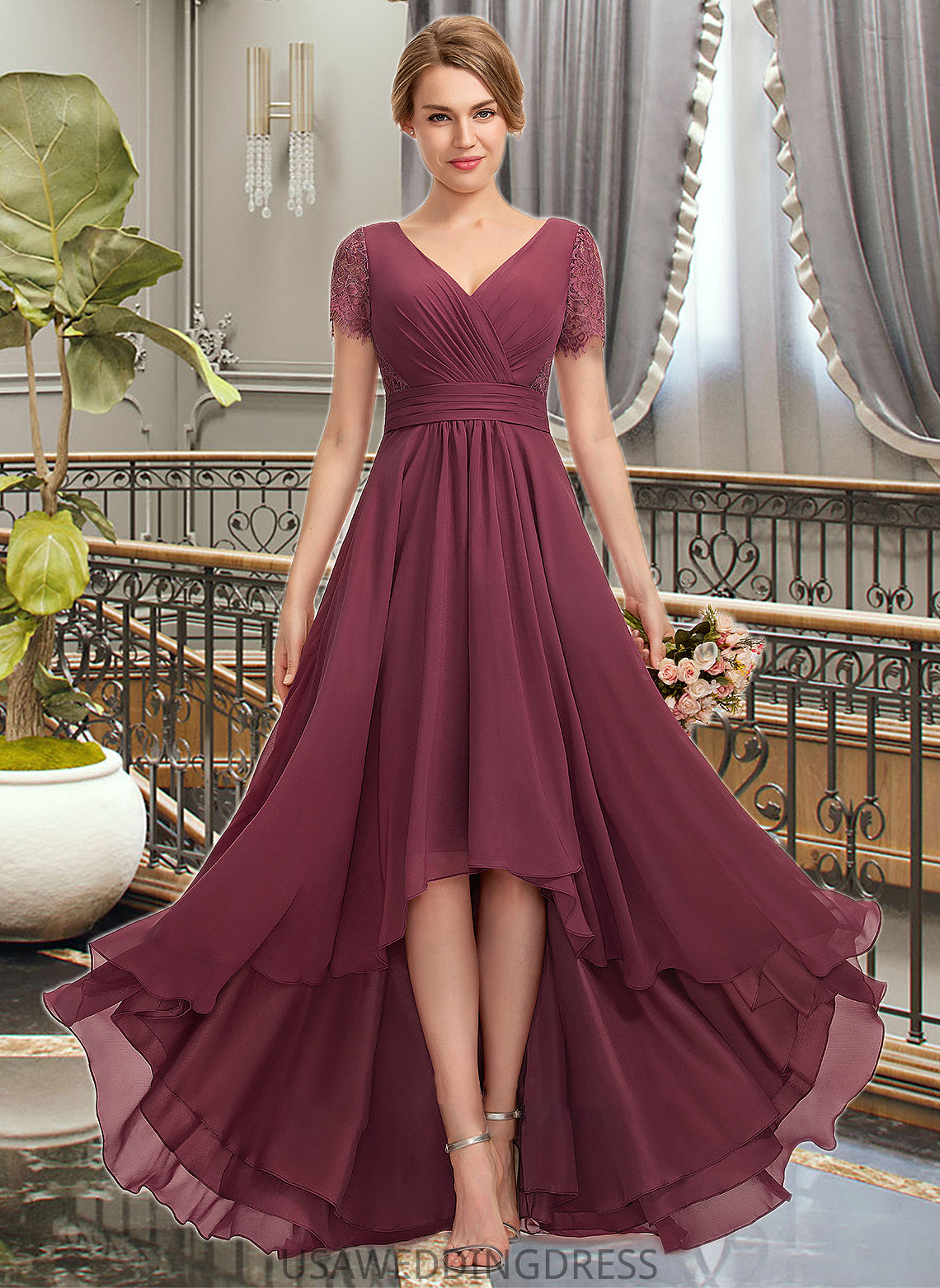 Zaniyah A-Line V-neck Asymmetrical Chiffon Lace Bridesmaid Dress With Ruffle DSP0012850