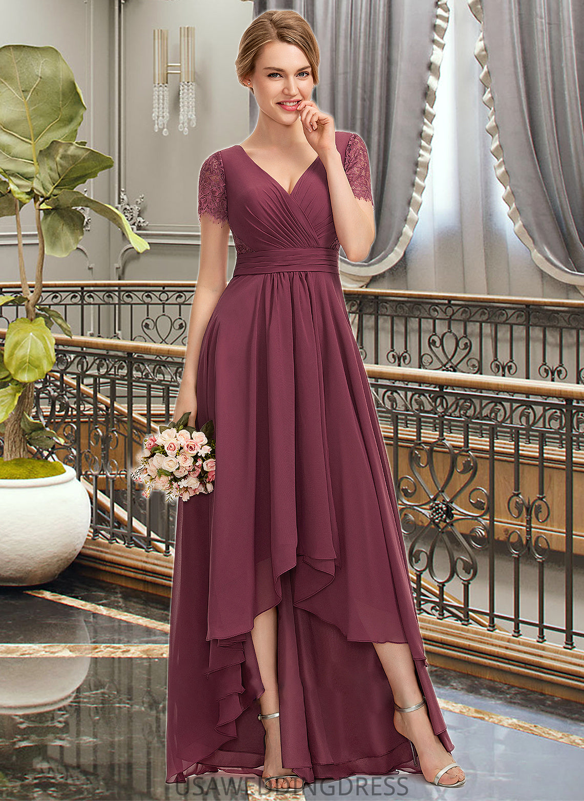 Zaniyah A-Line V-neck Asymmetrical Chiffon Lace Bridesmaid Dress With Ruffle DSP0012850