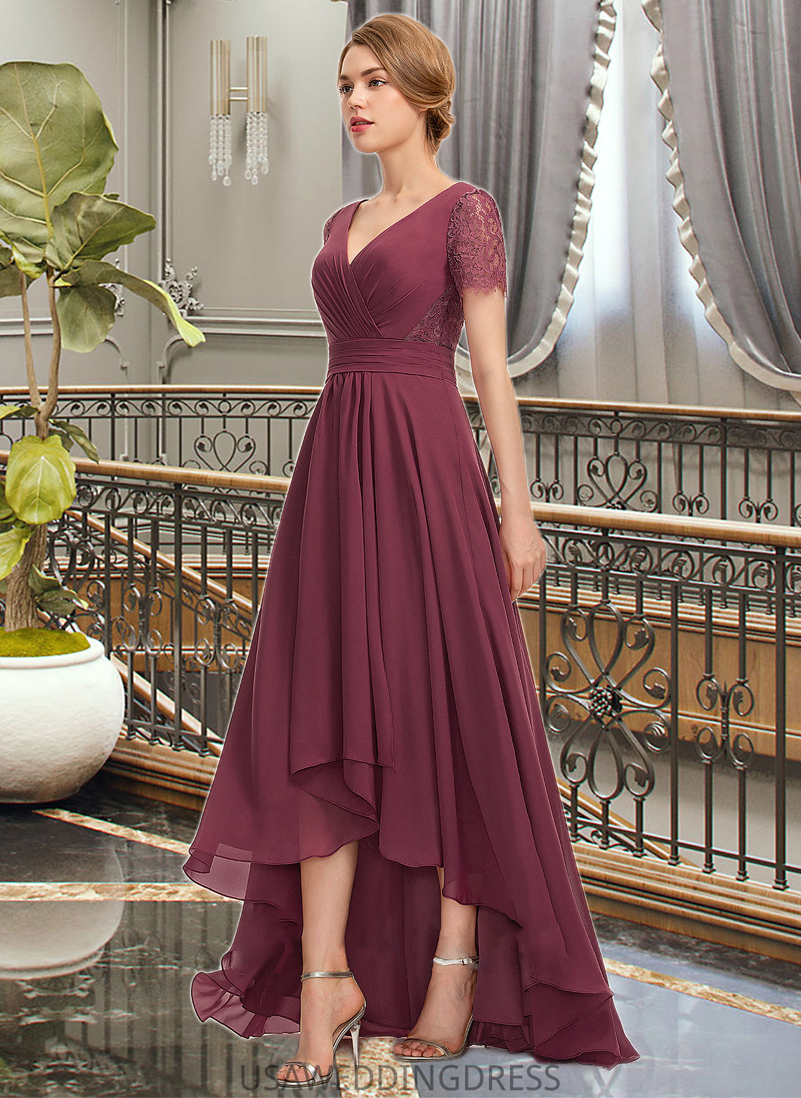 Zaniyah A-Line V-neck Asymmetrical Chiffon Lace Bridesmaid Dress With Ruffle DSP0012850