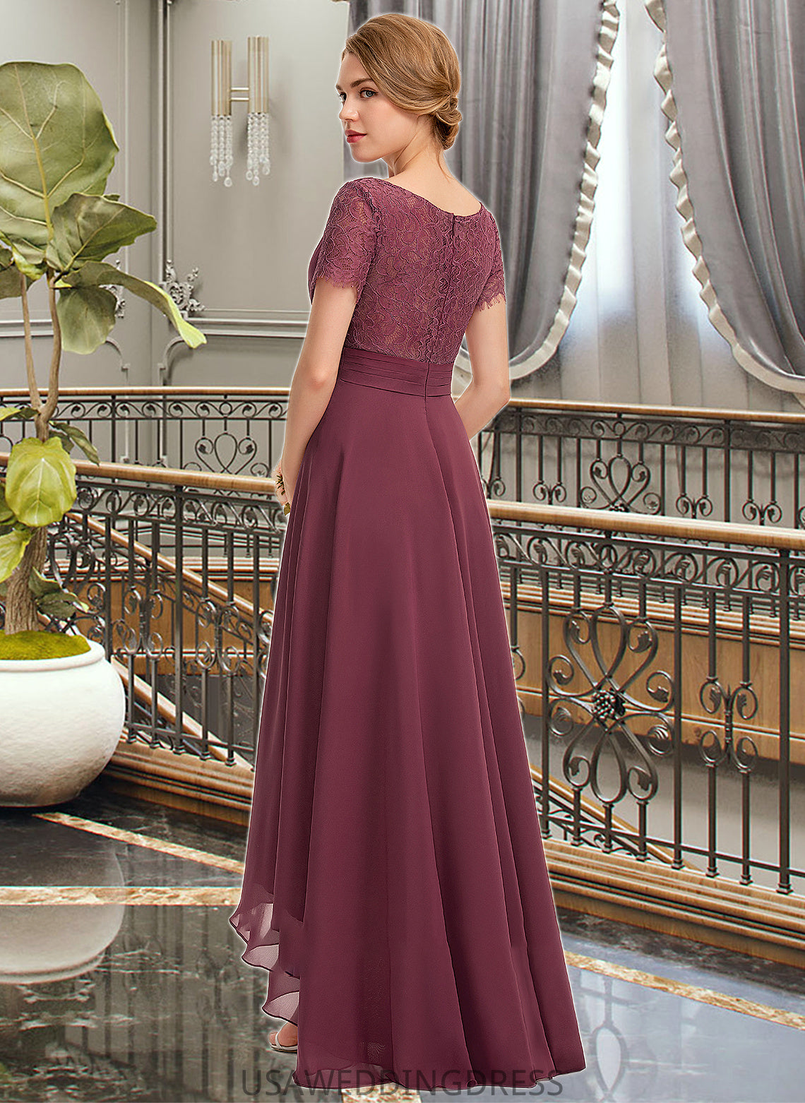 Zaniyah A-Line V-neck Asymmetrical Chiffon Lace Bridesmaid Dress With Ruffle DSP0012850