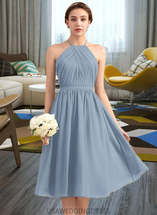 Payten A-Line Scoop Neck Knee-Length Chiffon Bridesmaid Dress With Ruffle DSP0012853