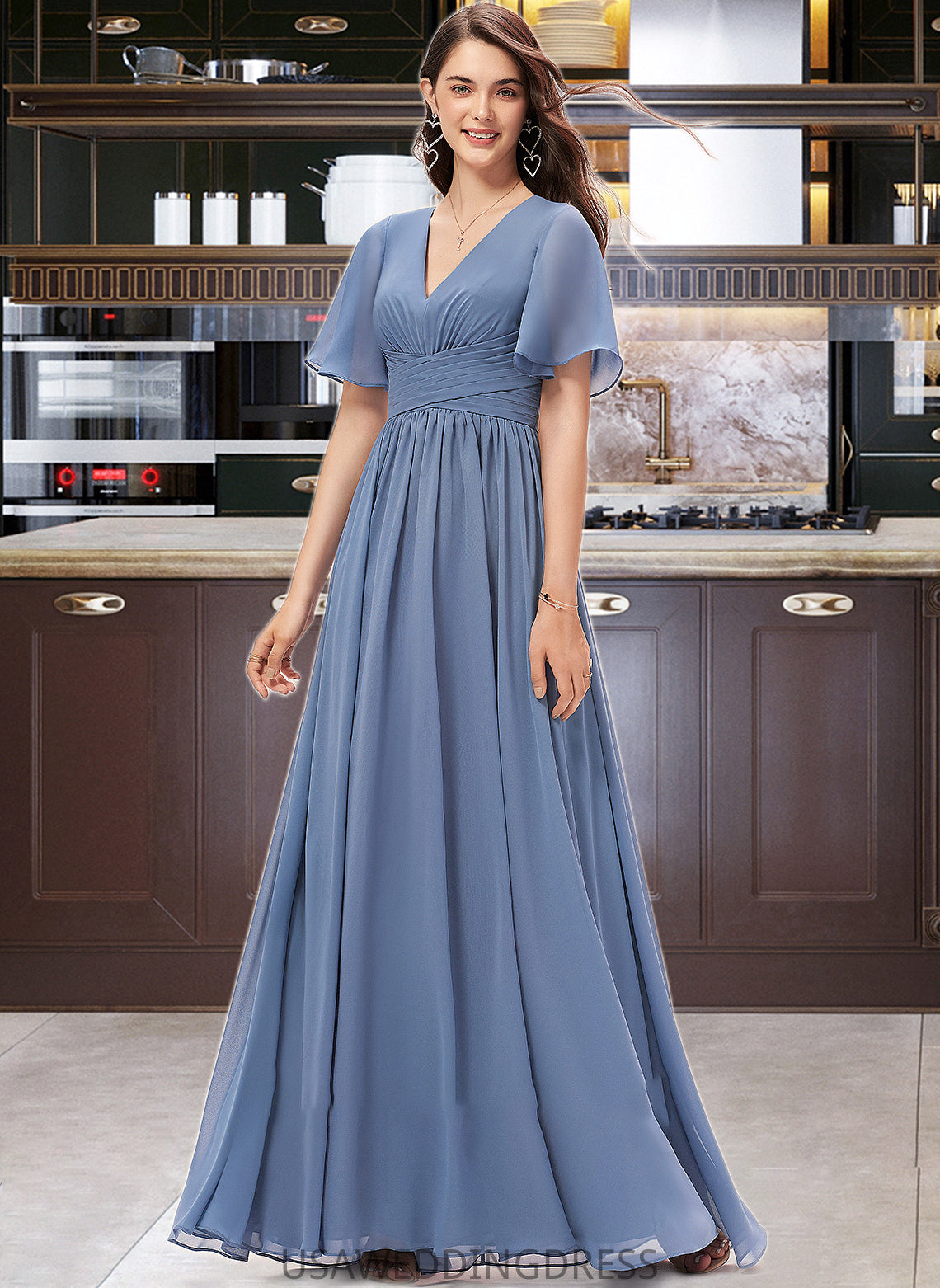 Vanessa A-line V-Neck Floor-Length Chiffon Bridesmaid Dress With Ruffle DSP0012857