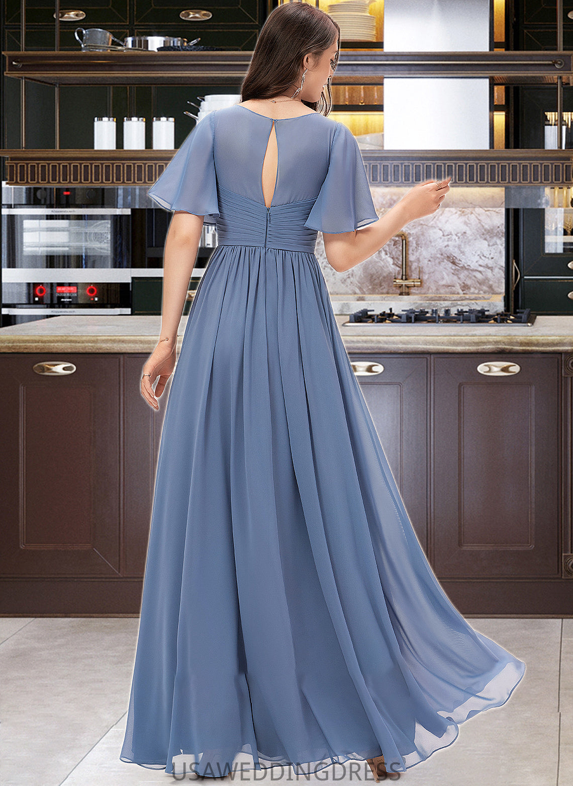 Vanessa A-line V-Neck Floor-Length Chiffon Bridesmaid Dress With Ruffle DSP0012857