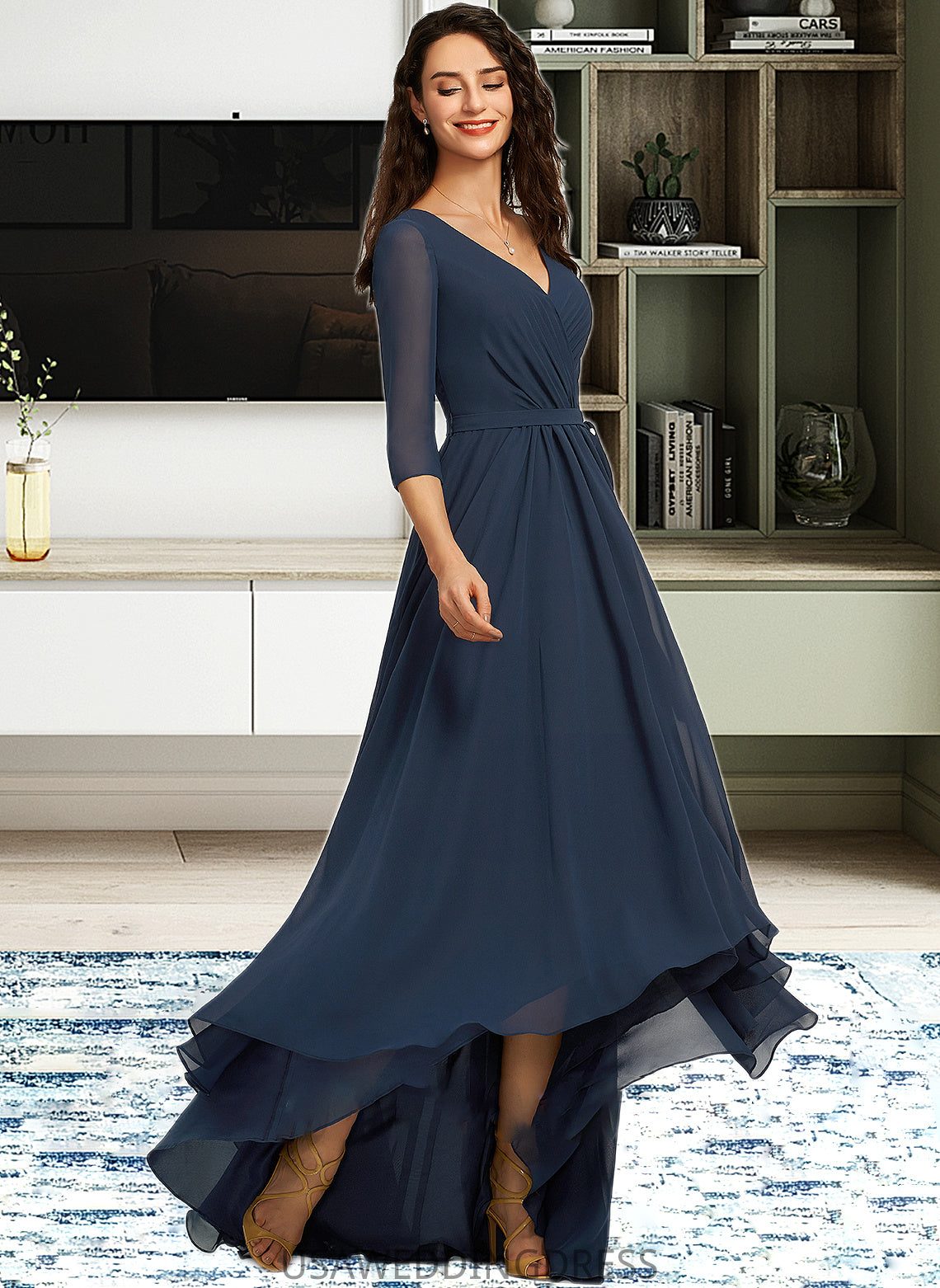 Tianna A-Line V-neck Asymmetrical Bridesmaid Dress With Pleated DSP0012859