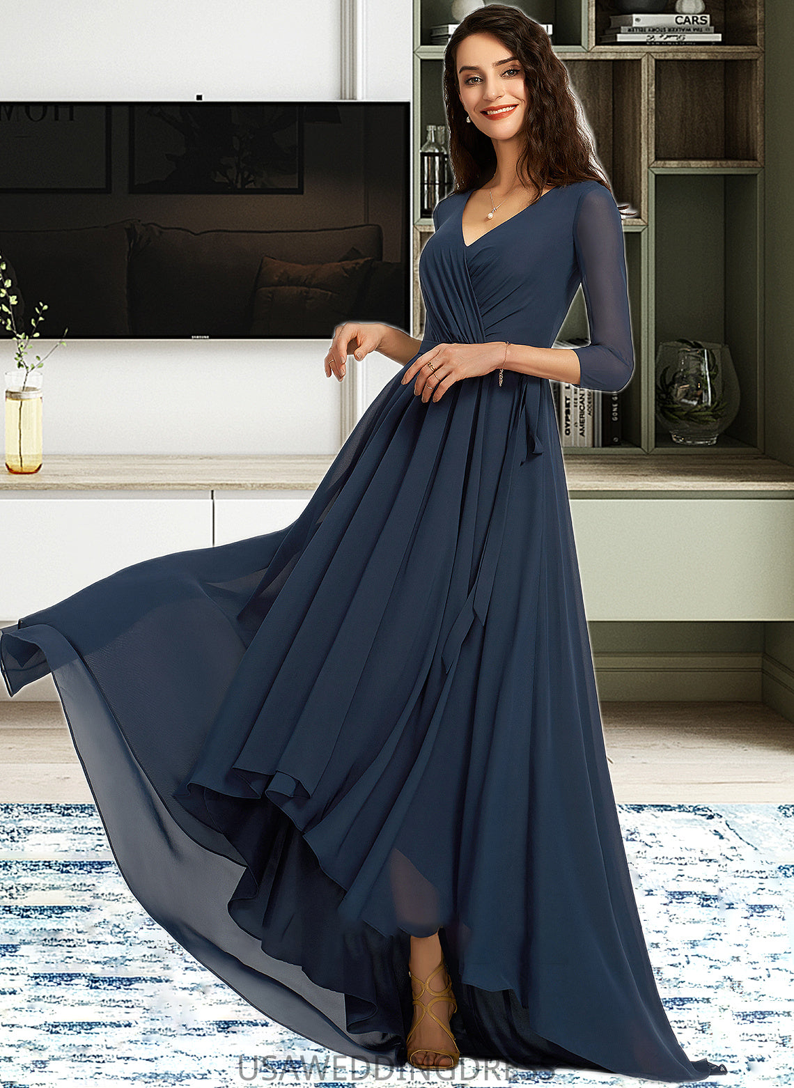 Tianna A-Line V-neck Asymmetrical Bridesmaid Dress With Pleated DSP0012859