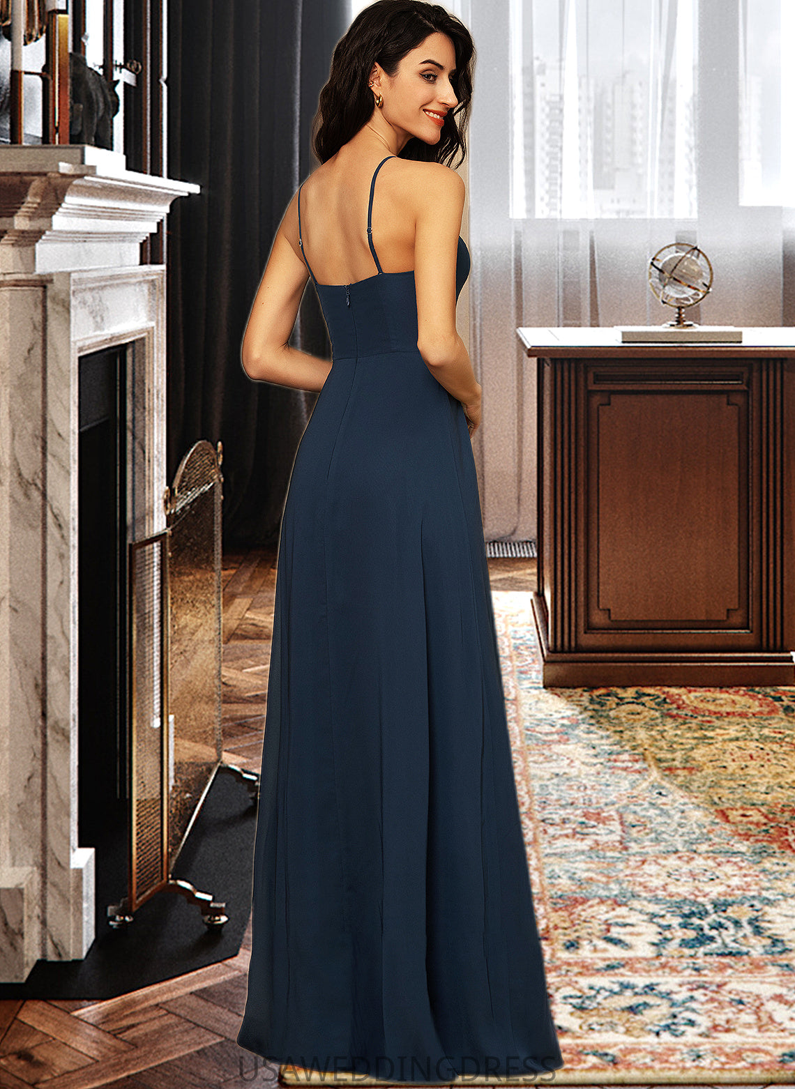 Amari A-Line Square Neckline Floor-Length Chiffon Bridesmaid Dress With Split Front DSP0012864