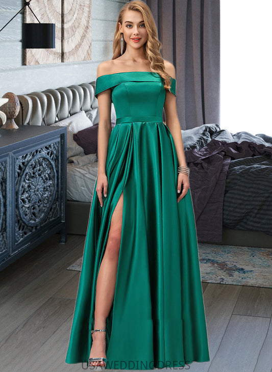 Emmalee Ball-Gown/Princess Off-the-Shoulder Floor-Length Satin Bridesmaid Dress With Split Front Pockets DSP0012866