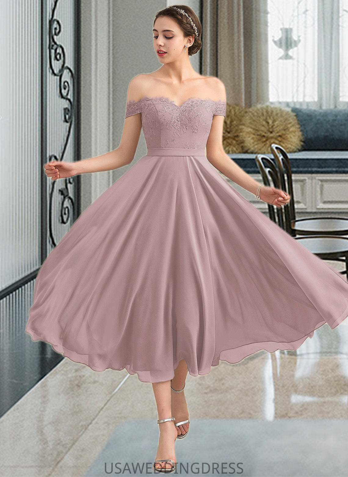 Dayami A-Line Off-the-Shoulder Tea-Length Chiffon Lace Bridesmaid Dress With Beading Sequins DSP0012867