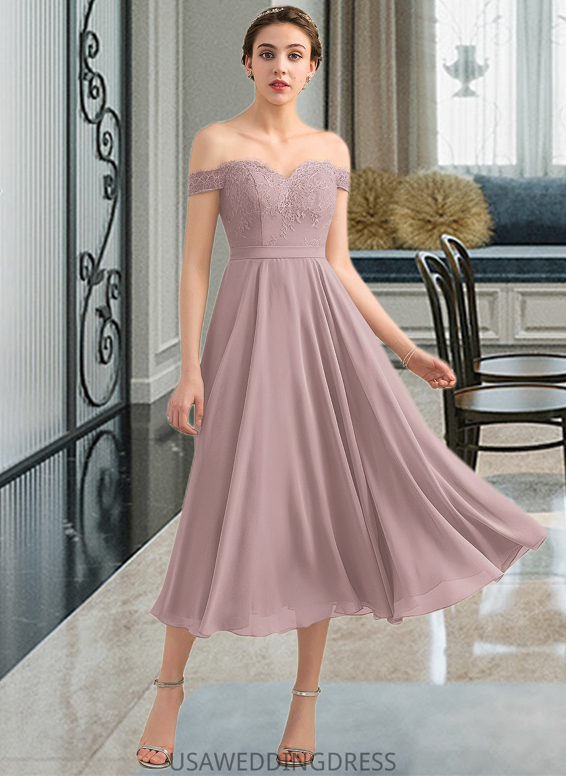 Dayami A-Line Off-the-Shoulder Tea-Length Chiffon Lace Bridesmaid Dress With Beading Sequins DSP0012867