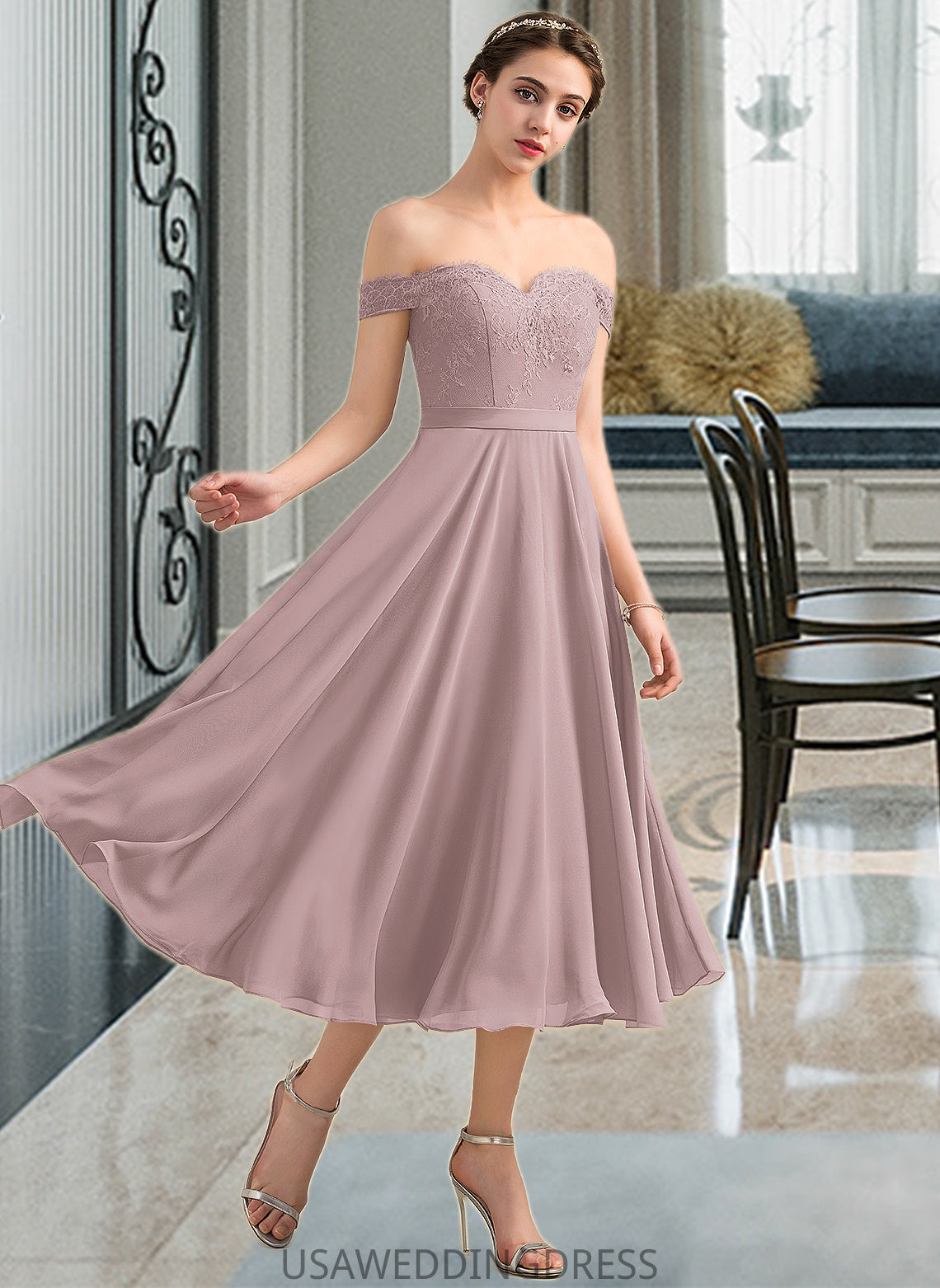 Dayami A-Line Off-the-Shoulder Tea-Length Chiffon Lace Bridesmaid Dress With Beading Sequins DSP0012867