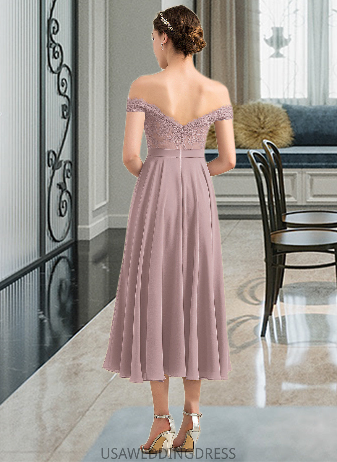 Dayami A-Line Off-the-Shoulder Tea-Length Chiffon Lace Bridesmaid Dress With Beading Sequins DSP0012867