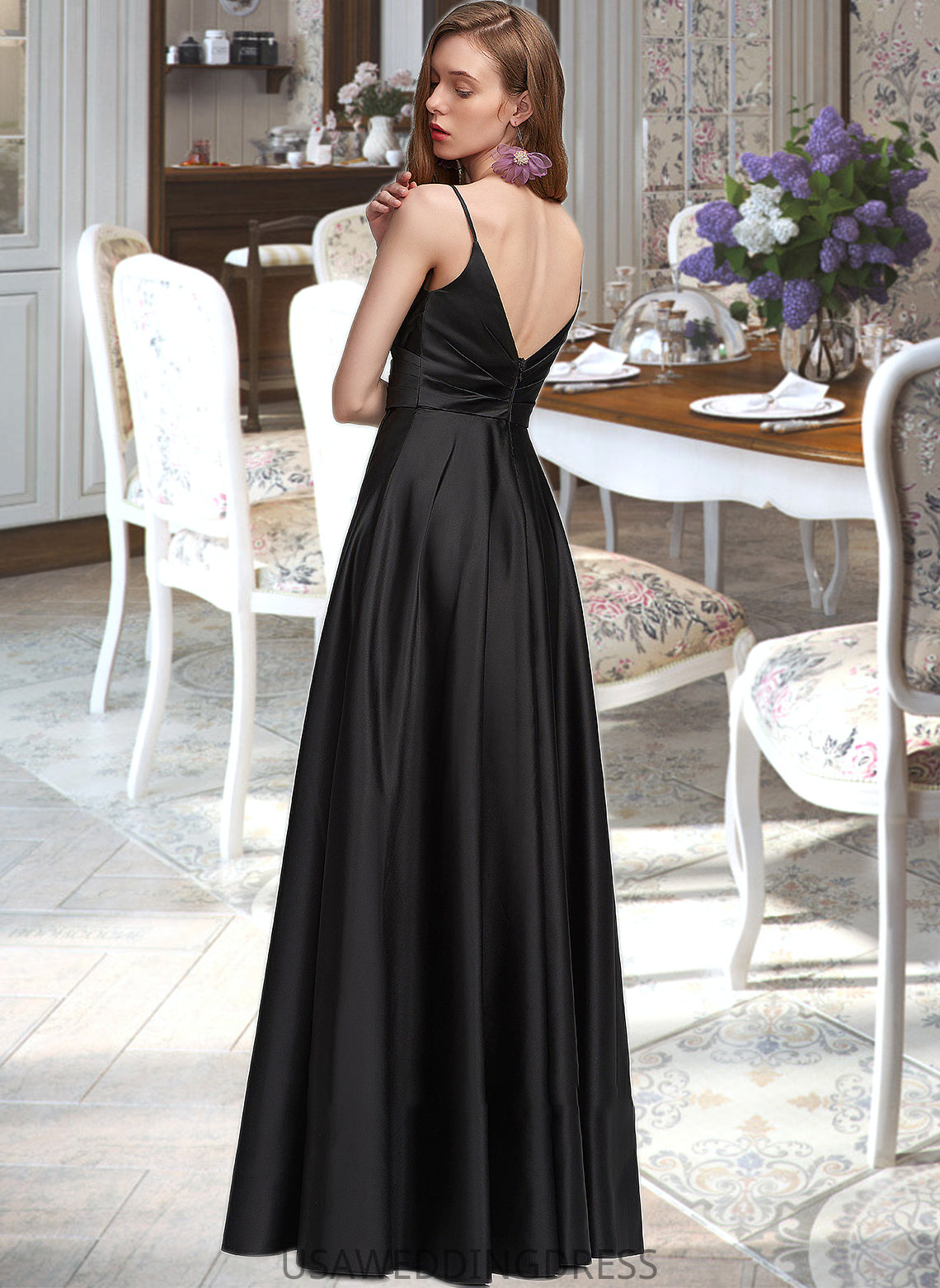 Madge A-Line V-neck Floor-Length Satin Bridesmaid Dress With Ruffle Split Front DSP0012872