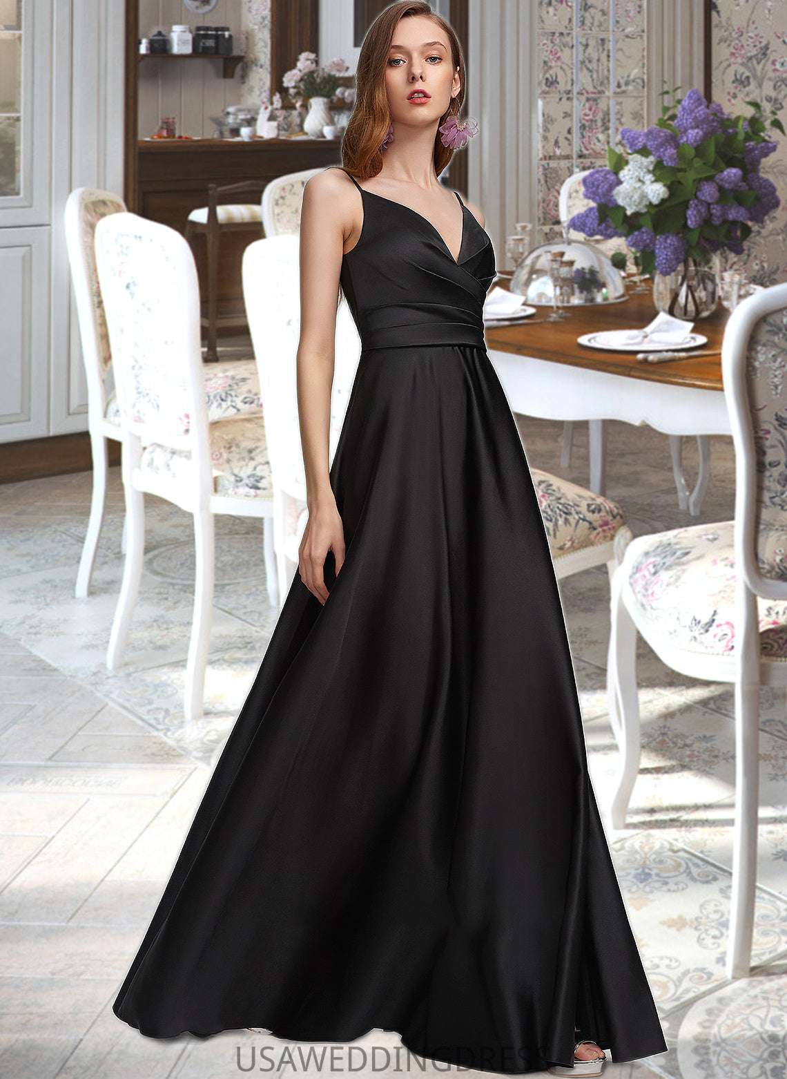 Madge A-Line V-neck Floor-Length Satin Bridesmaid Dress With Ruffle Split Front DSP0012872