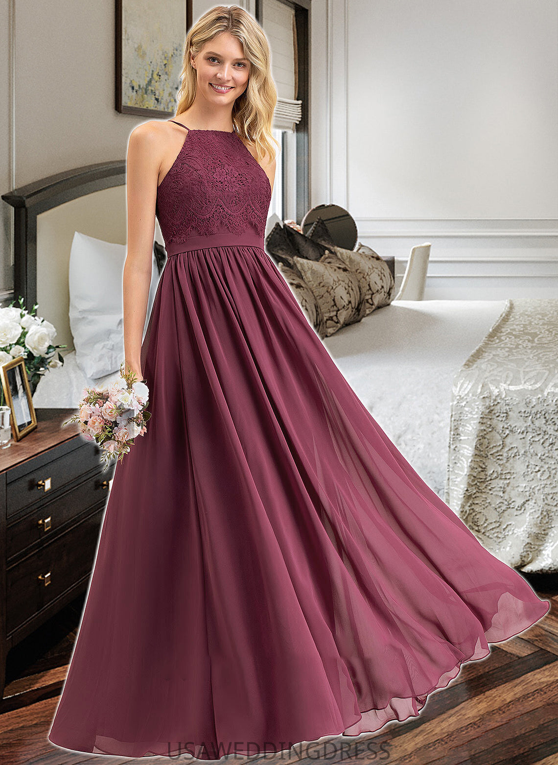 Harper A-Line Square Neckline Floor-Length Chiffon Lace Bridesmaid Dress DSP0012873