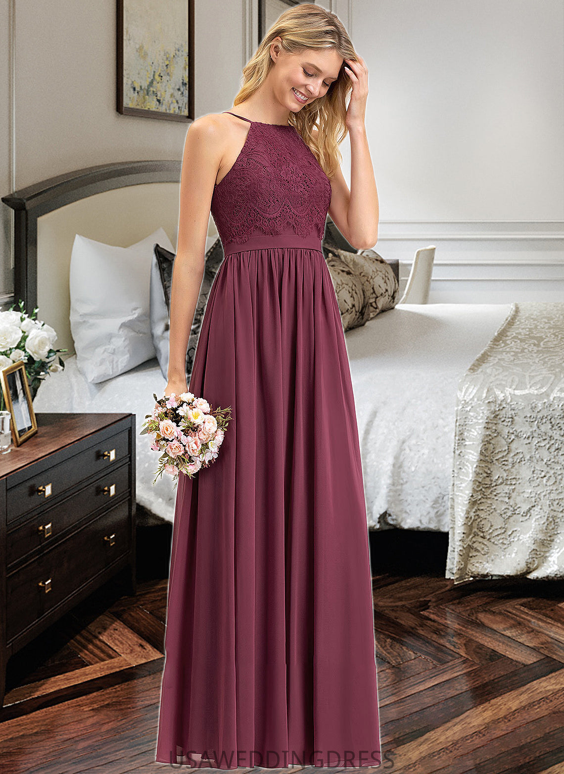 Harper A-Line Square Neckline Floor-Length Chiffon Lace Bridesmaid Dress DSP0012873