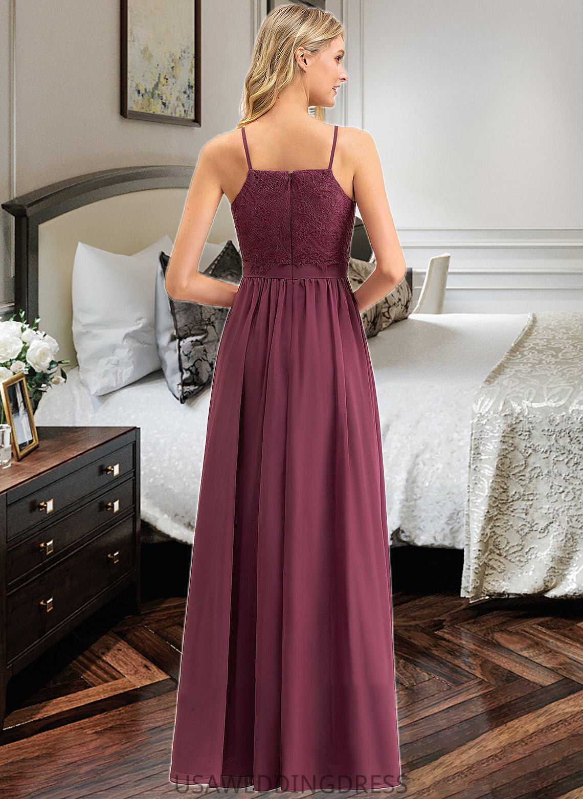 Harper A-Line Square Neckline Floor-Length Chiffon Lace Bridesmaid Dress DSP0012873