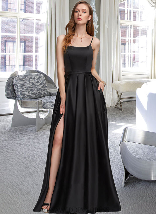 Renata A-Line Square Neckline Floor-Length Satin Bridesmaid Dress With Split Front Pockets DSP0012879