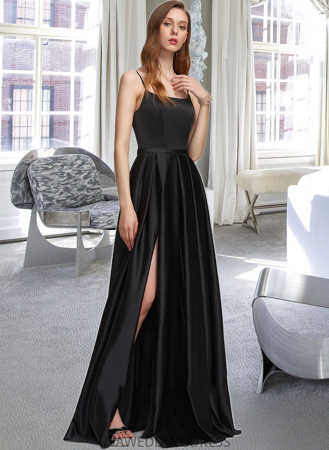 Renata A-Line Square Neckline Floor-Length Satin Bridesmaid Dress With Split Front Pockets DSP0012879