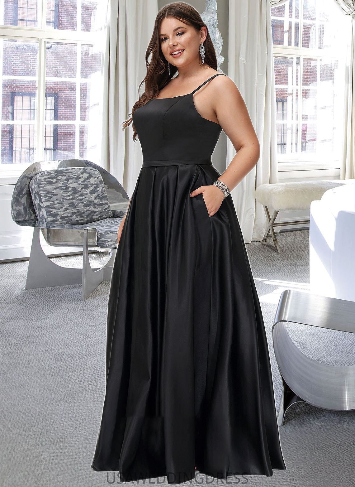 Renata A-Line Square Neckline Floor-Length Satin Bridesmaid Dress With Split Front Pockets DSP0012879