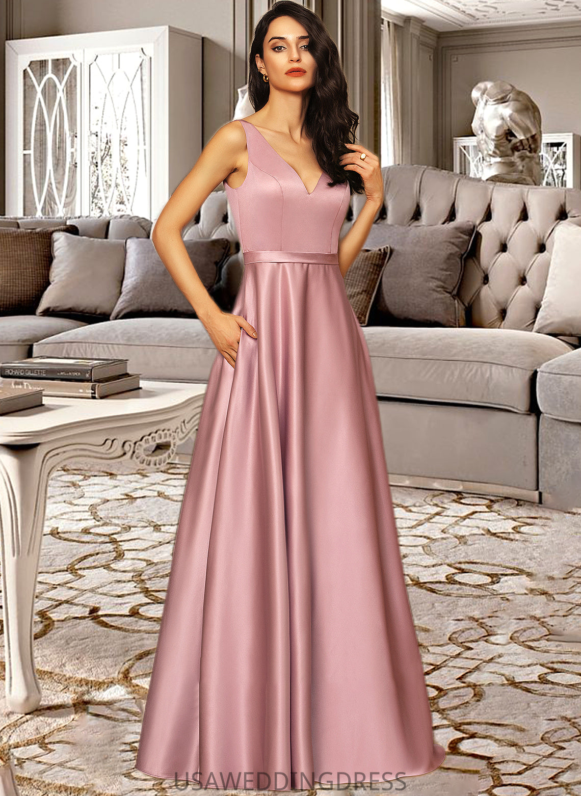 Sal Ball-Gown/Princess V-neck Floor-Length Satin Bridesmaid Dress With Pockets DSP0012880