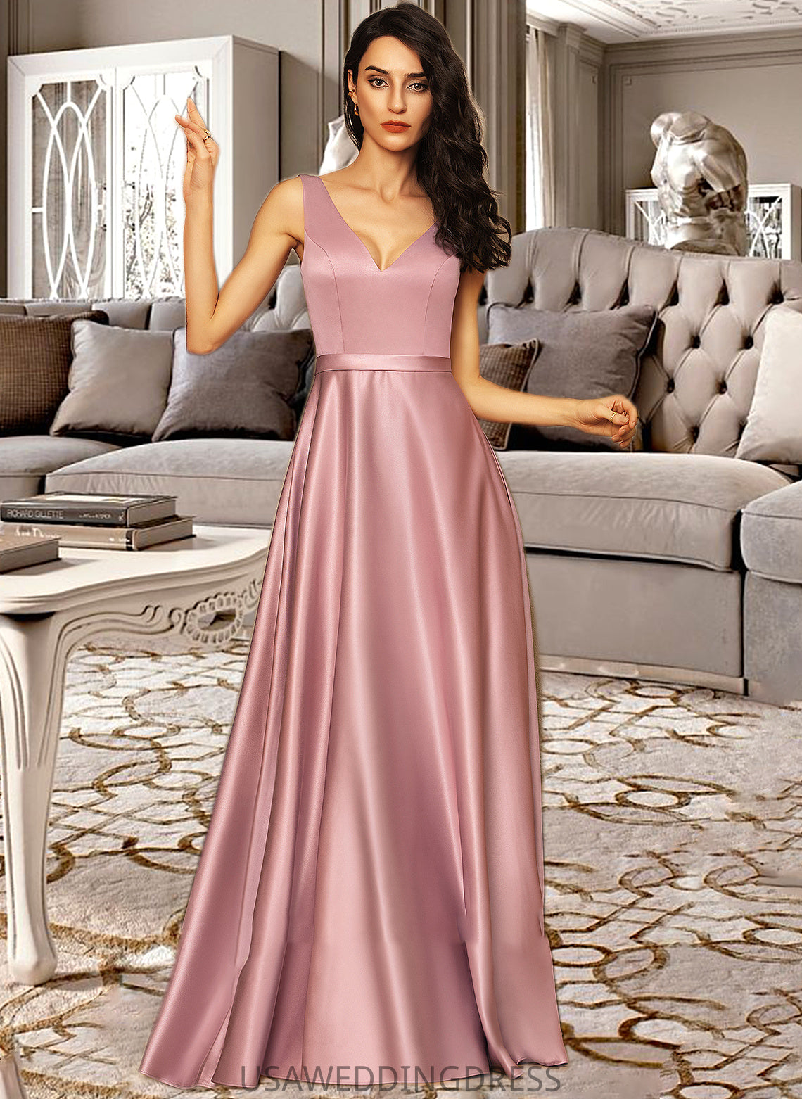 Sal Ball-Gown/Princess V-neck Floor-Length Satin Bridesmaid Dress With Pockets DSP0012880