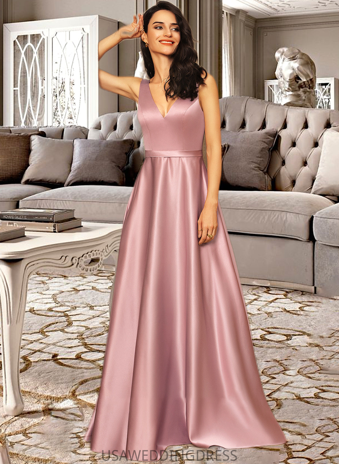 Sal Ball-Gown/Princess V-neck Floor-Length Satin Bridesmaid Dress With Pockets DSP0012880