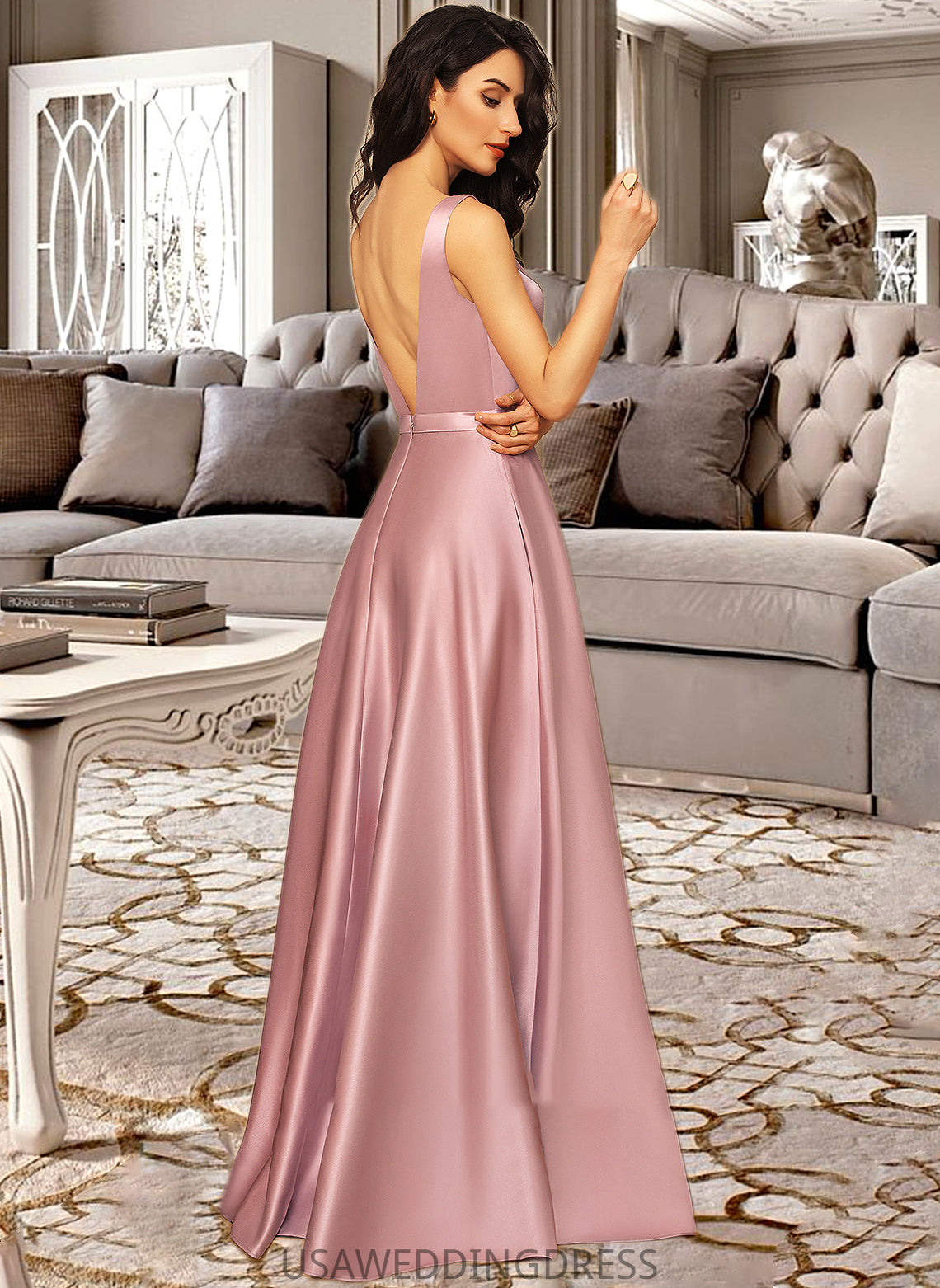 Sal Ball-Gown/Princess V-neck Floor-Length Satin Bridesmaid Dress With Pockets DSP0012880