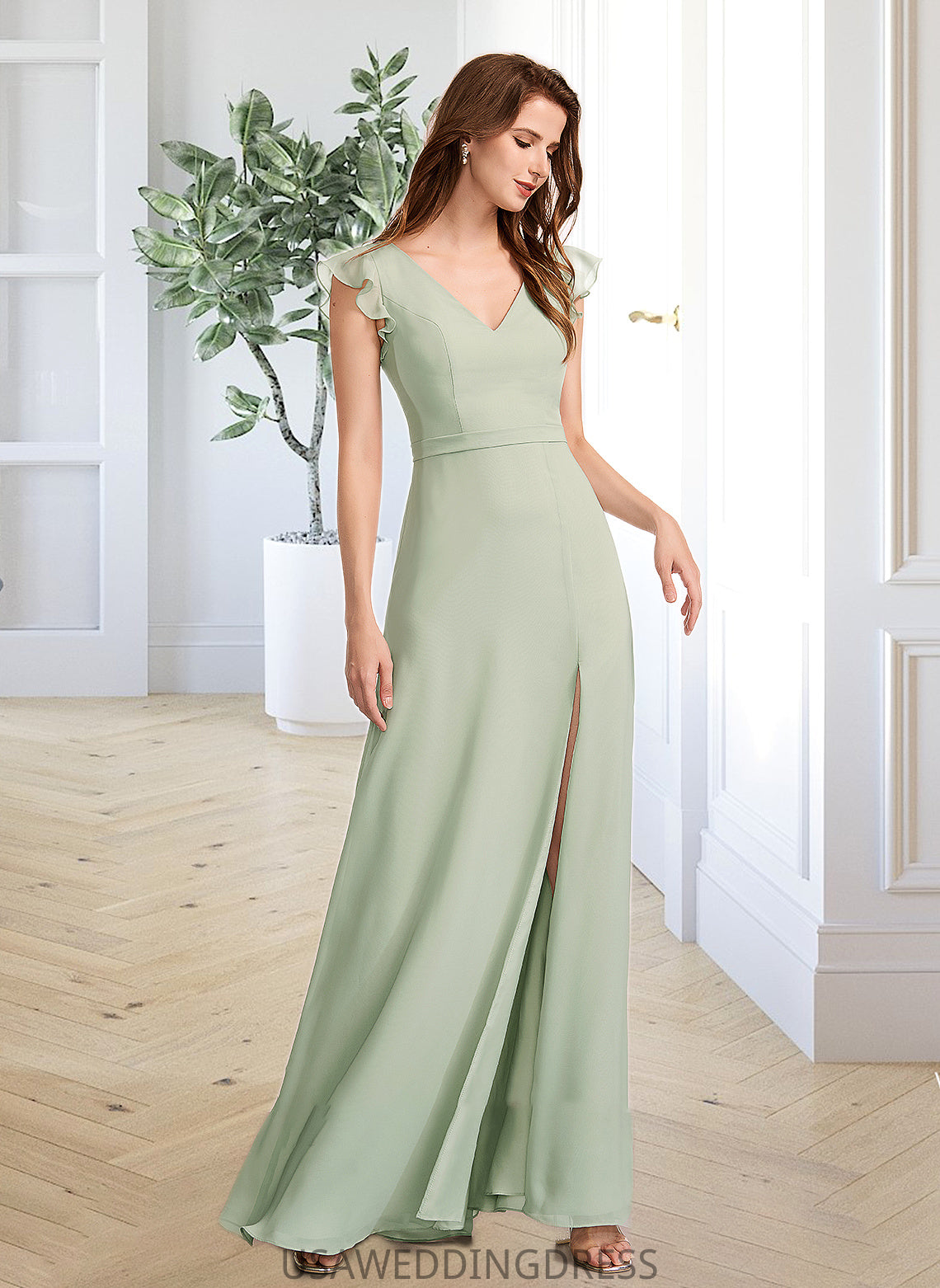 Kayden A-Line V-neck Floor-Length Bridesmaid Dress With Split Front DSP0012883