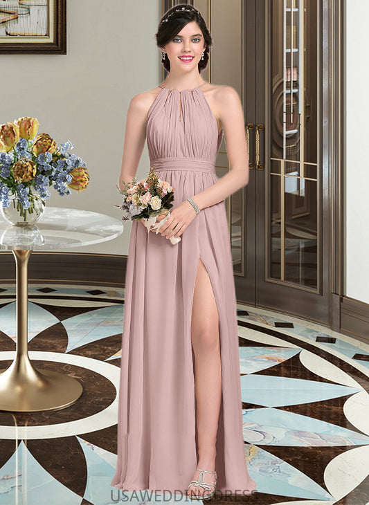 Kailee A-Line Scoop Neck Floor-Length Chiffon Bridesmaid Dress With Ruffle Bow(s) Split Front DSP0012886