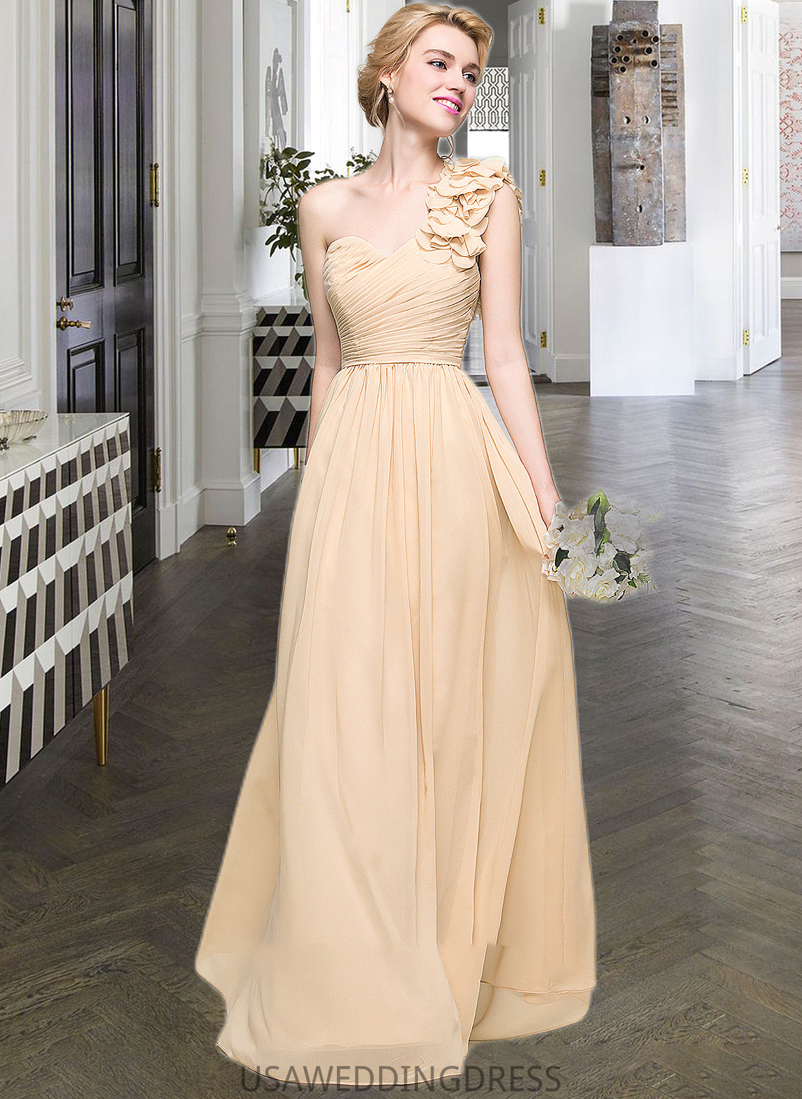 Kadence A-Line One-Shoulder Floor-Length Chiffon Bridesmaid Dress With Ruffle Flower(s) DSP0012887