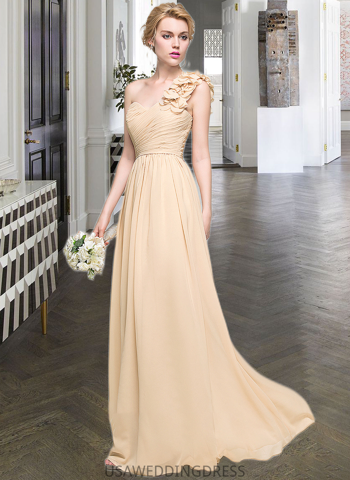 Kadence A-Line One-Shoulder Floor-Length Chiffon Bridesmaid Dress With Ruffle Flower(s) DSP0012887