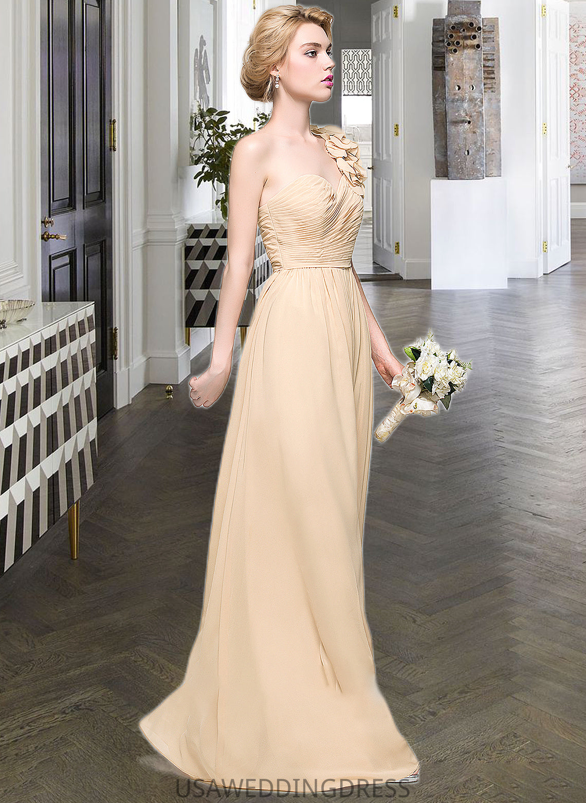 Kadence A-Line One-Shoulder Floor-Length Chiffon Bridesmaid Dress With Ruffle Flower(s) DSP0012887