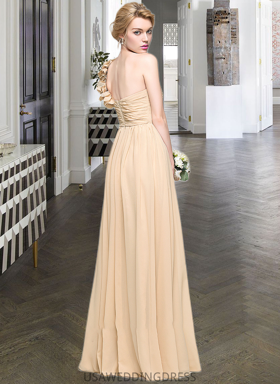 Kadence A-Line One-Shoulder Floor-Length Chiffon Bridesmaid Dress With Ruffle Flower(s) DSP0012887