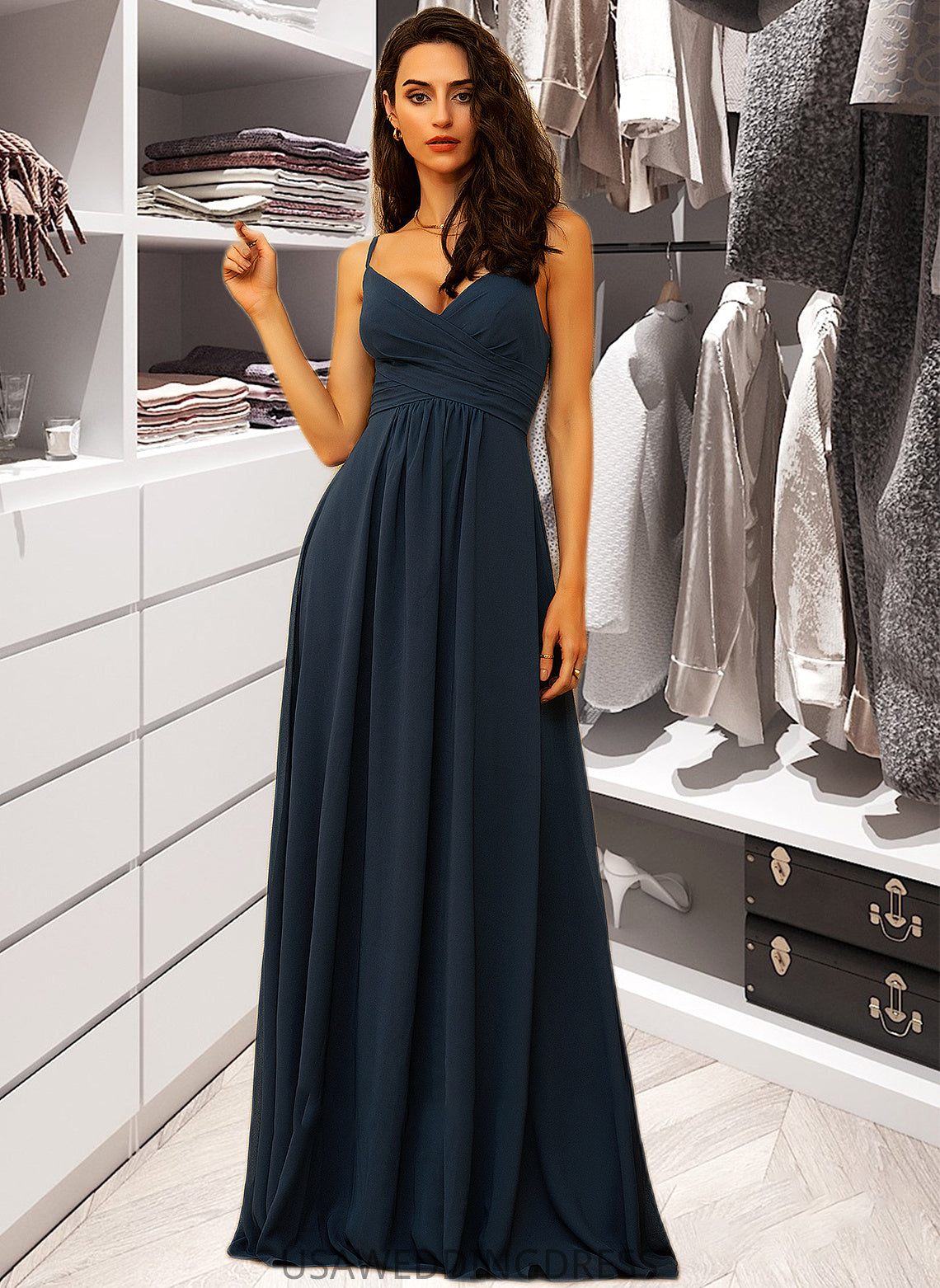 Mariyah A-Line V-neck Floor-Length Chiffon Bridesmaid Dress With Ruffle DSP0012891