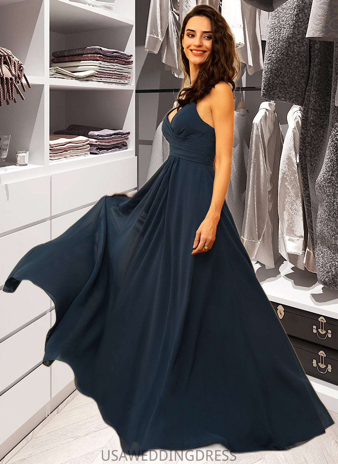 Mariyah A-Line V-neck Floor-Length Chiffon Bridesmaid Dress With Ruffle DSP0012891