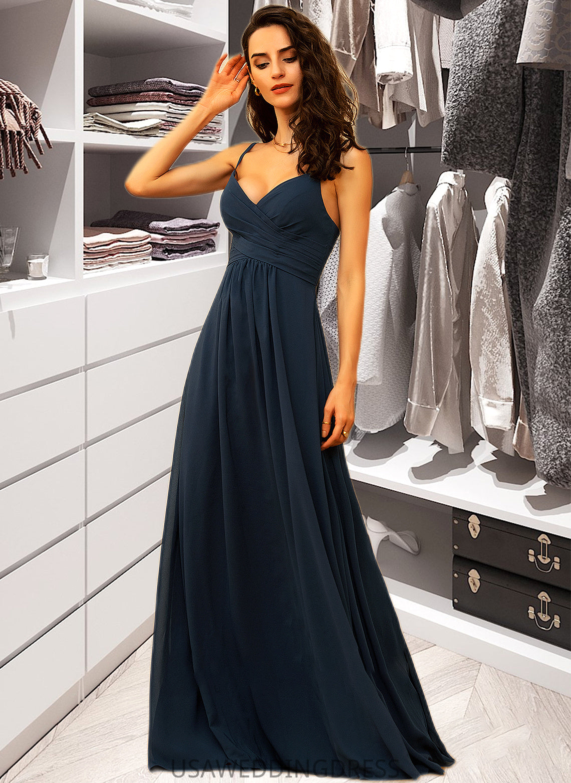 Mariyah A-Line V-neck Floor-Length Chiffon Bridesmaid Dress With Ruffle DSP0012891