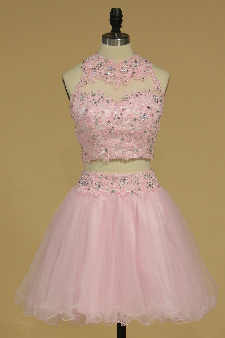 2024 Two-Piece A Line Halter Tulle With Applique Short/Mini Homecoming Dresses