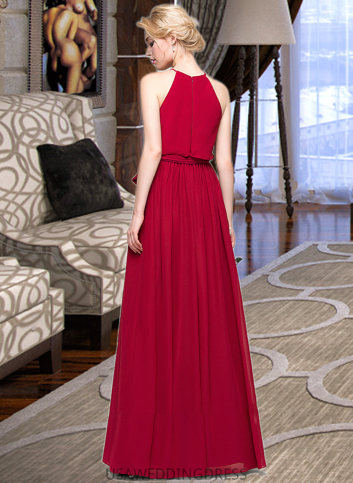 Laurel A-Line Scoop Neck Floor-Length Chiffon Bridesmaid Dress With Bow(s) DSP0012902