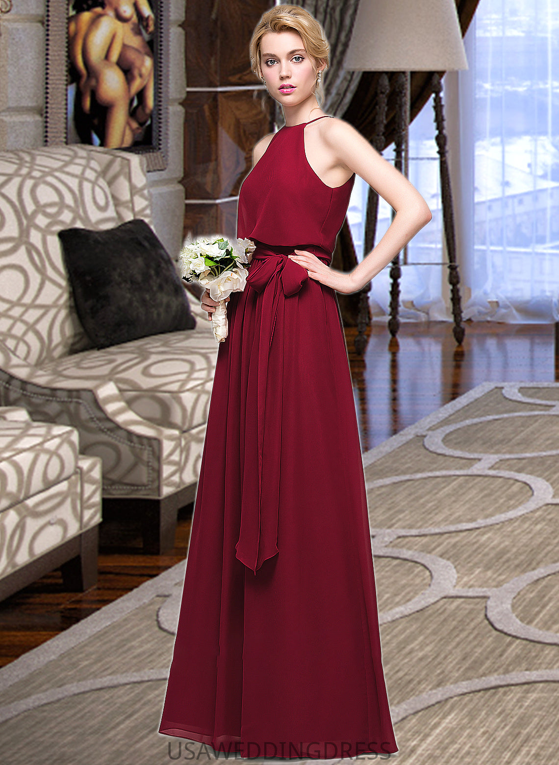 Laurel A-Line Scoop Neck Floor-Length Chiffon Bridesmaid Dress With Bow(s) DSP0012902