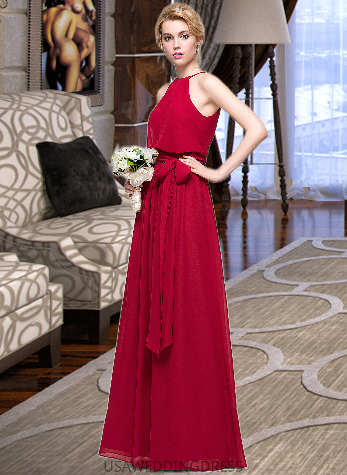 Laurel A-Line Scoop Neck Floor-Length Chiffon Bridesmaid Dress With Bow(s) DSP0012902