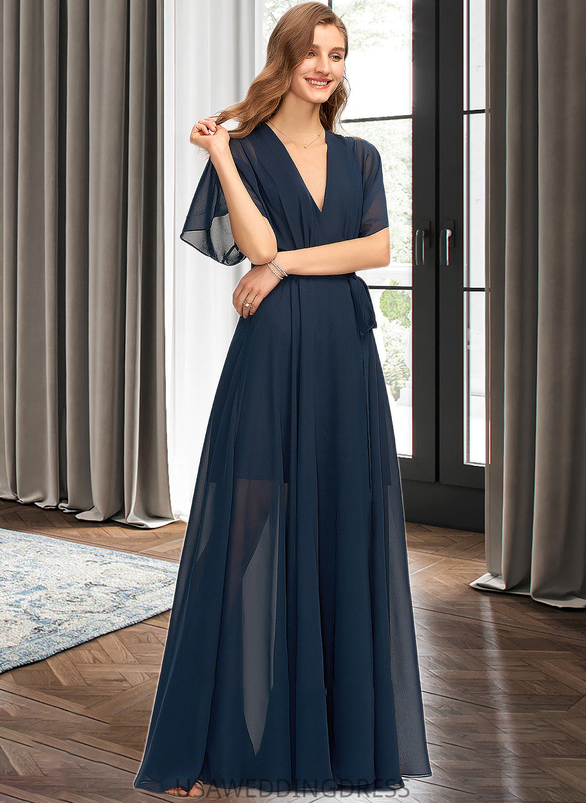 Jazmin A-Line V-neck Floor-Length Chiffon Bridesmaid Dress With Split Front DSP0012909