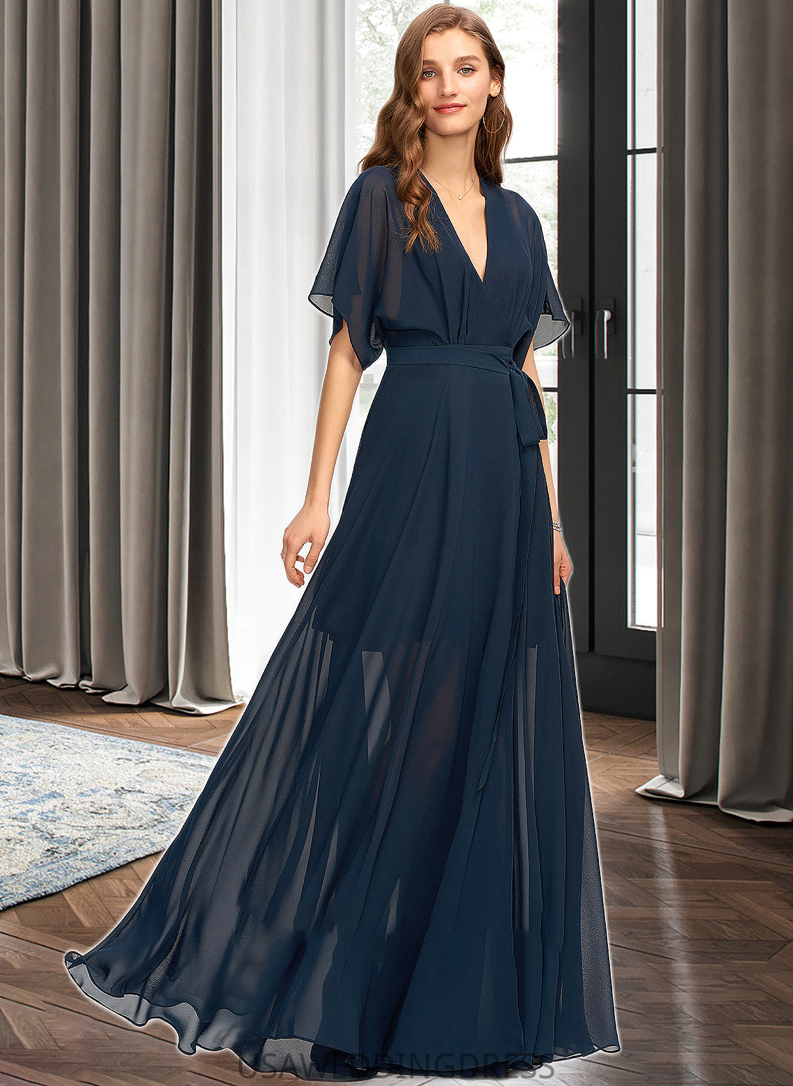 Jazmin A-Line V-neck Floor-Length Chiffon Bridesmaid Dress With Split Front DSP0012909